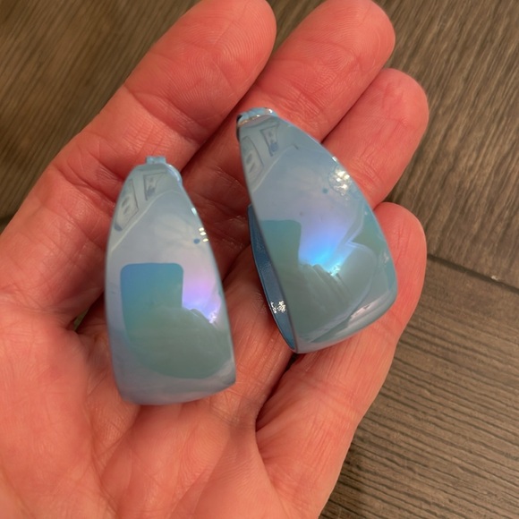 Vintage Pale Blue Iridescent Clip Hoop Earrings - Picture 10 of 14